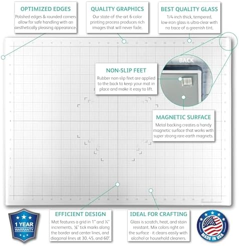 GLASSBOARD STUDIO Glass Craft Mat - Magnetic, Heat & Scratch Resistant - For Crafting, Cutting, Painting, Mixed Media Artwork - Grid Lines, Non-Slip Rubber Feet (True White 24"L x 36"W)