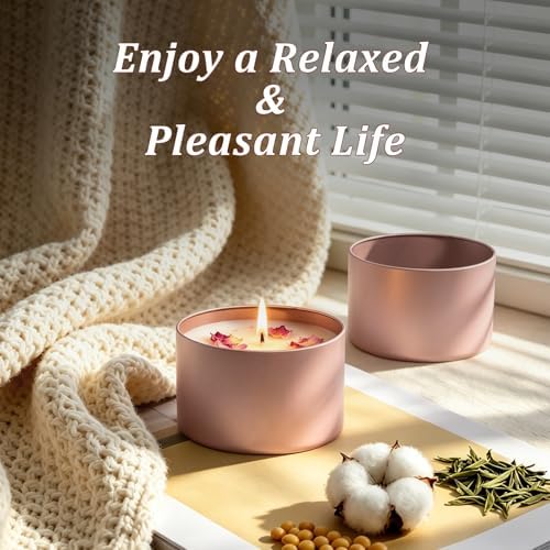 Candle Tins Jars Container Vessels for Making Candle 8 oz Rose Glod Empty Candle Tins Can With Lid Wax Container Bulk Making DIY Candle Supplies Accessories (Rose Gold with Woodgrain Lid, 8oz-12pcs)