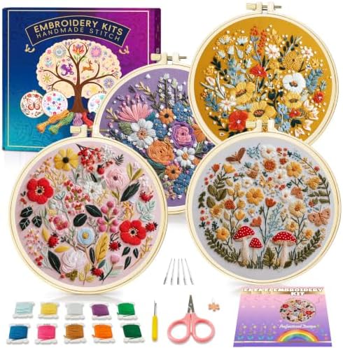 Huacan Embroidery Kit for Adults Beginners with 3 Hoops & Gift Box