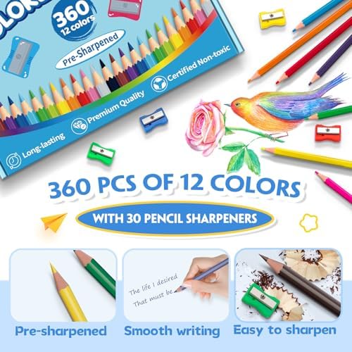 360 Count Colored Pencils Bulk, Color Pencils for Kids Classroom, 12 Colors
