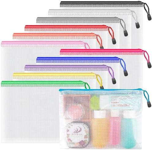 Umriox 12 Pack A5 Mesh Zipper Bags, Color Coded Craft Storage Organizer