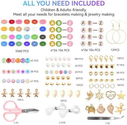 torbers 6000 Pcs Clay Beads Bracelet Making Kit, 24 Colors 6mm Flat Preppy Polymer Beads with Charms, Letter Beads and Elastic Strings, DIY Jewelry Making Set for Friendship Bracelets