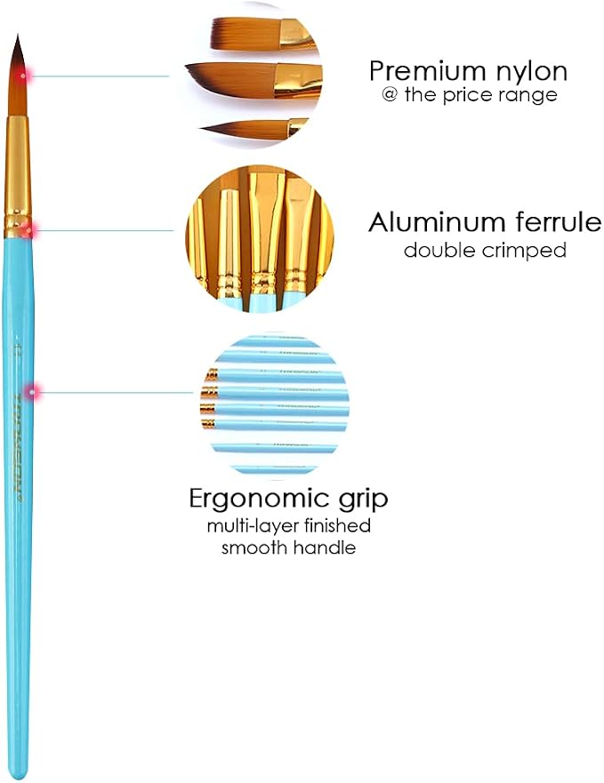 Transon Artist Paint Brush Set of 12 for Acrylic Watercolor Gouache Oil Craft Painting Blue