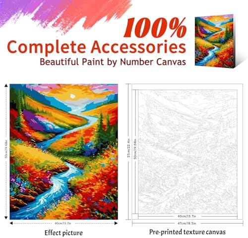 Yunnuo Landscape Paint by Numbers Kits for Adults, Easy Paint by Number Sunset and Creek, DIY Oil Painting with Brushes Acrylic Paints for Home Wall Decor 16x20 Inch