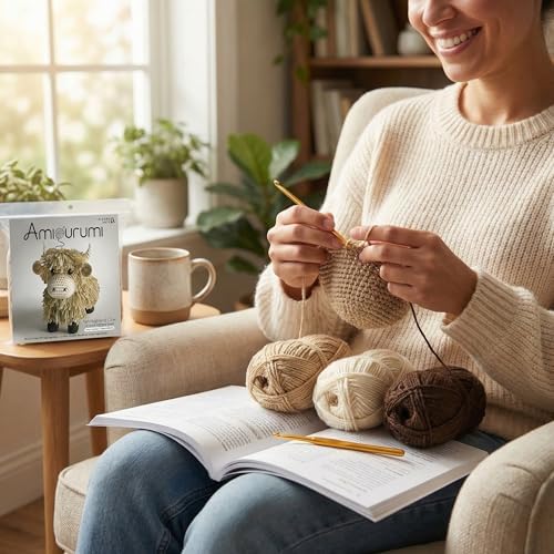 LEISURE ARTS Amigurumi Highland Cow Crochet Kit Tan – Adult Crochet Kit for Amigurumi Animal Project, Highland Cow Plush 8 Inch Finished Figure
