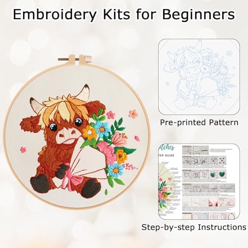 Nuberlic Highland Cow Embroidery Kit for Beginners