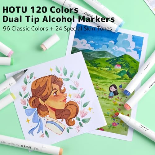 HOTU Alcohol Markers 120 Colors Brush& Chisel Dual Tips for Adults Coloring | 96 Colors+24 Skin Tone Colors, Art Markers for Artists Beginners Illustration Sketching, Non-Bleeding Pad-CPC Certificated