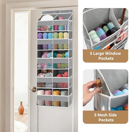 Over The Door Organizer, Hanging Yarn Storage Organizer with 10 Extra Large Clear Pockets and 10 Side Crochet Bags, Hanging Shelves for Yarn, Crochet Hooks, Knitting Needles Supplies Storage,Black