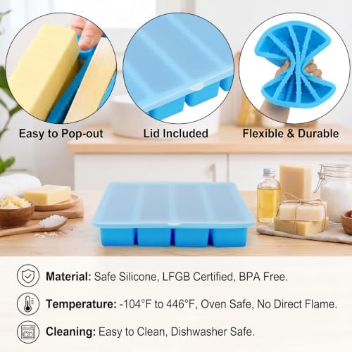 2Pcs Silicone Butter Mold with Lid, Non-Stick Silicone Butter Mold Tray with Scale Marking for Homemade Butter, Standard Size Mold for Soap Bar, Energy Bar, Cake, Chocolate (Blue)