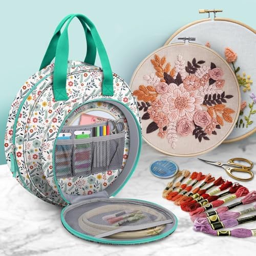 FINPAC Embroidery Project Bag, Embroidery Supplies Storage Carrying Tote Case with Multiple Pockets for Floss, Hoops, Thread, Stitch Tools Kit [Bag Only], Spring Bloom