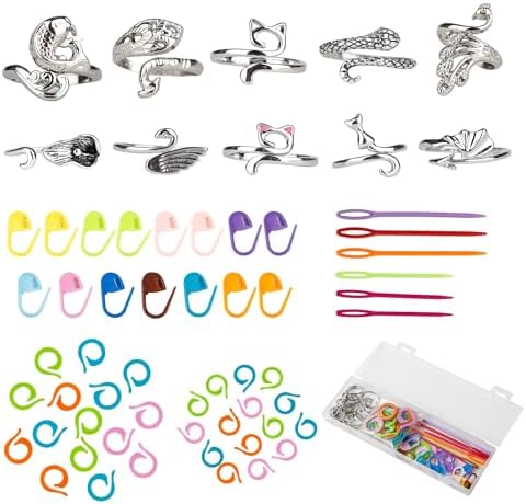 Varpotle 10Pcs Crochet Ring for Women with 45 Crochet Stitch Markers and 6 pcs Sewing Needles,Adjustable Open Crochet Tension Ring for Finger Crocheters Knitters,Stitch Markers for Crocheting