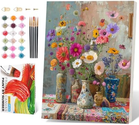 PRASIO Framed Paint by Numbers Kit for Adults Beginner, Vintage Flowers Adult Paint by Number Kits on Canvas Framed, DIY Acrylic Watercolor Oil Paint by Numbers with Frame for Home Decor 16x20 Inch