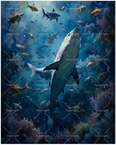 ENTORLAB Underwater Adventure Paint by Numbers Kit for Adults - DIY Shark and Fish in Ocean Scene Painting on Canvas 16x20In, Acrylic Paint Set, Suitable for Beginners, Art for Home Decoration/Gifts