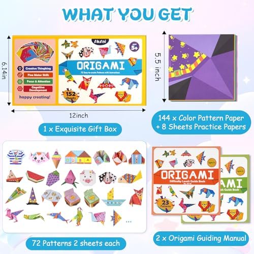 AluAbi 152-Sheet Origami Paper Kit with 72 Patterns & Instruction Book