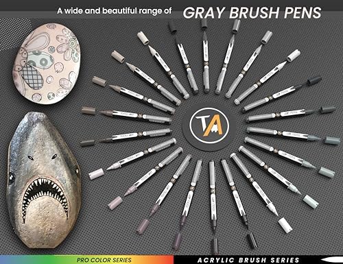 TOOLI-ART 22 Flexible Brush Tip Acrylic Paint Pens Markers Set 1-7mm Line for Rock Painting, Glass, Mugs, Wood, Metal, Canvas, Plastic. Non Toxic Waterbased Quick Drying Assorted Gray