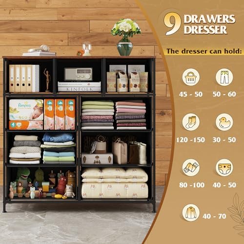 WLIVE Tall Dresser for Bedroom, 9 Drawer Dresser, Black and Rustic Brown | 9 roomy fabric drawers, Tall storage design, Bedroom or closet use, Chest of drawers, Smooth wood tabletop