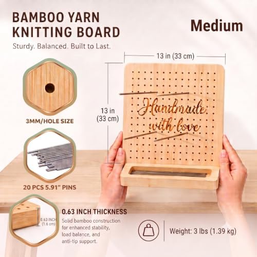 Bamboo Crochet Blocking Board with Stand, Pegs & Metal Pins, Granny Square Yarn Tool, Crochet Accessories for Knitting, Quilting Squares & Crocheter Gifts (Natural, Medium)