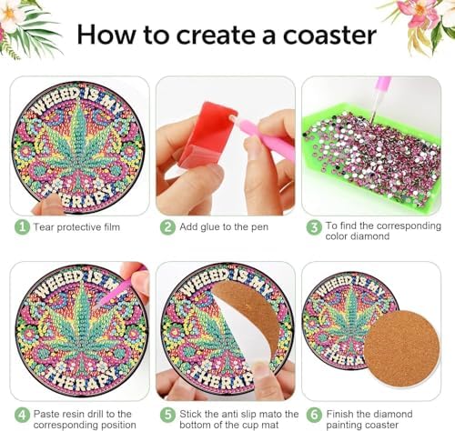 8 Pcs Leaf Diamond Art Coasters Kits, Diamond Painting Coasters Kits