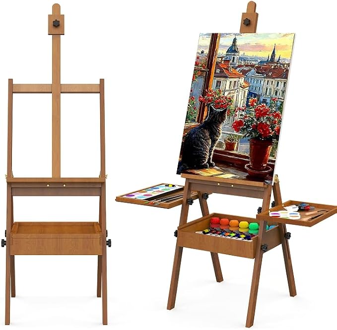 Professional Vintage Wood H-Frame Easel, with 2 Palette and Storage Box | Multi-Function Studio Easel, Professional Foldable Artist Easel Stand for Painting, Holds Canvas Art up to 36"