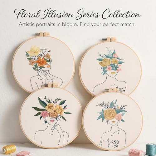 Harimau Adult Beginner Embroidery Starter Kit, Complete Set with 4 Patterns, 2 Hoops, Needles, Scissors, Instruction Guide & Stitching Video Tutorials