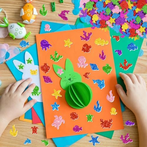 744 PCS Glitter Foam Stickers, Foam Sea Animal Stickers for Crafts,8 Colors