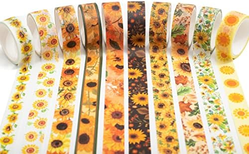 Sunflower Washi Tape Set 10 Rolls Floral Print Decorative Sun Flowers Masking Tapes for Arts, DIY Crafts, Journals, Planners, Scrapbook, Wrapping