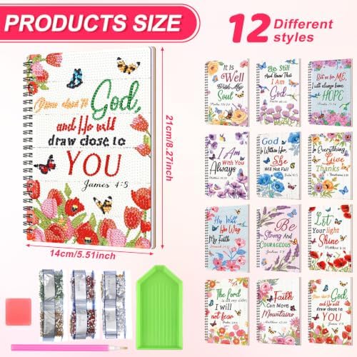 Fullhawl 12 Pack 5D DIY Diamond Art Crafts Kit for Adults Office Supplies Beginner A5 Leather Diamond Painting Gift for Women Art Cover Craft Accessories with Tool (Bible Florals)