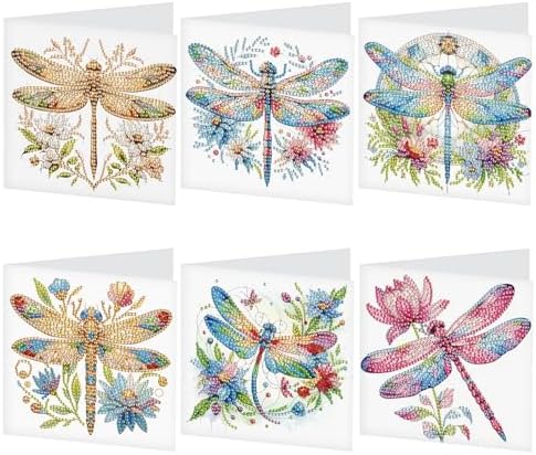 Tontut 6pcs 5D DIY Diamond Painting Kit Greeting Card,Diamond Handmade Greeting Card with Envelope, Holiday Gift Congratulations Colourful Dragonfly