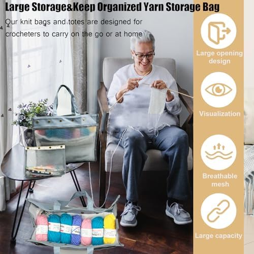 Knitting Bag Large Yarn Storage Organizer,Yarn Bags for Crocheting,Crochet Storage Bags for Crochet Hooks,Knitting Needles,Knit Bags Ideal Knitting & Crochet Gift(Grey)