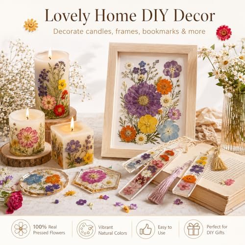 173 pcs Dried Flowers for Resin, Natural Flowers and Leaves Kit with Butterfly Stickers， Vacuum Sealed DIY Pressed Flowers for Jewelry Molds, Candle Soap Making, Scrapbook, Nail Art (Colorful-G)
