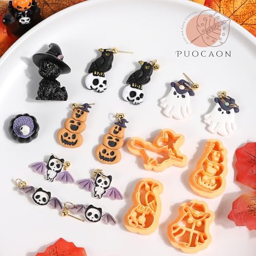 Puocaon Halloween Polymer Clay Cutters - 15 Pcs Witch Little Boo Skull Cutters for Polymer Clay Jewelry Pumpkin Mushroom Earrings Making Kit for Polymeric Jewelry Design