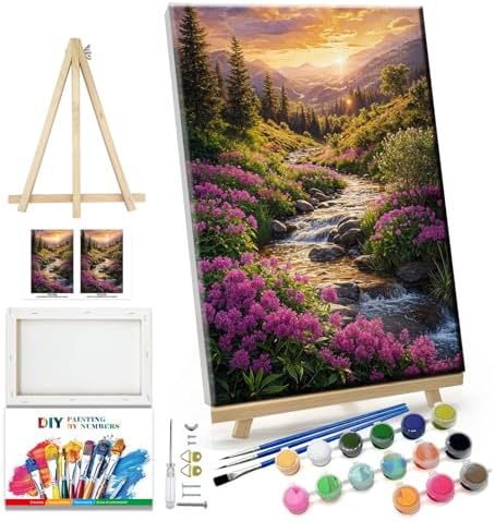 JOOZ Landscape Paint by Number for Adults Beginner with Frame Paint by Number Kits Sunsets on Canvas with Easel DIY Digital Oil Painting for Home Wall Decor Gifts 7.87x11.81 Inch