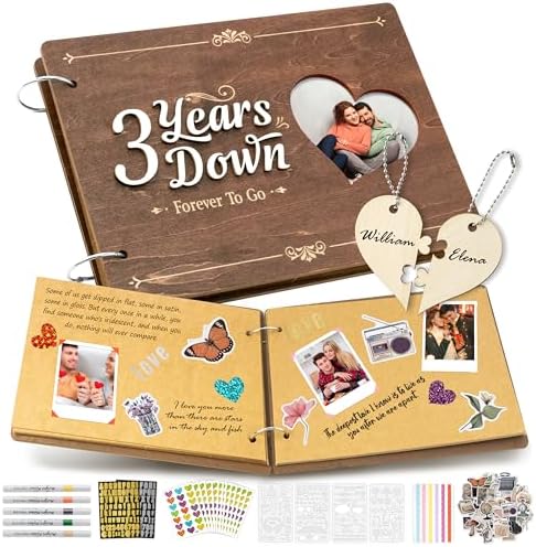 CY2SIDE 3 Years Anniversary Couple Scrapbook - 111PCS 3 Years Down Wooden Photo Album Scrapbook Craft Kit with Heart Puzzle Brown Paper Sticker and Template for DIY Dating Gift for Him Her