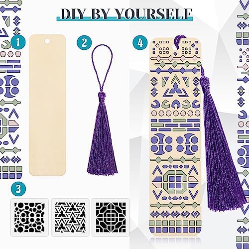 TaoBary 92 Pcs 4.8 x 1.3 Inch Geometry Wood Bookmark Making Kit Includes 36 Unfinished Blank Bookmarks 36 Tassels 20 Templates, Back to School DIY Painting Craft for Home Class Holiday Teachers Gift