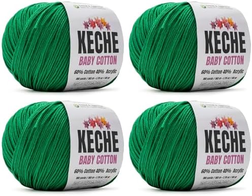 Keche Baby Cotton, 60% Cotton 40% Acrylic Yarn, Soft Cotton Yarn for Crochet and Knitting, Amigurumi Yarn 4 Skeins/Balls [1.76 Oz (50g) / 180 Yrds (165m)] x 4 - Kelly Green