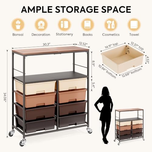 APEXCHASER Rolling Storage Cart with 8 Large Drawers, Wooden Tabletop