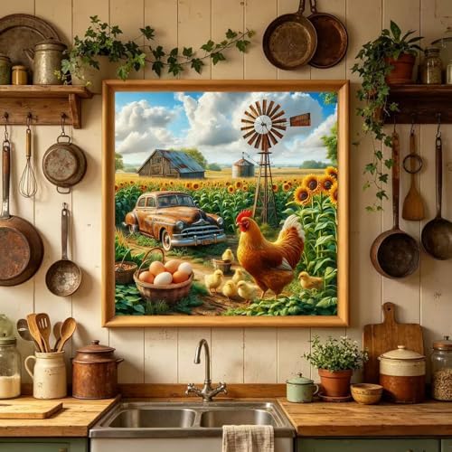 Accompany Wind Chicken Diamond Art Kits for Adults, 5D Farm Scenery Diamond Painting Kits for Beginners,DIY Round Full Drill Diamonds Gem Art Crafts for Home Wall Decor Gifts 14x14 Inch