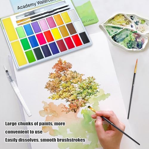 24 Colors Large Block Watercolor Paint Set for Watercolors Workbook, Portable Water Colors Paint Kit with 2 Paintbrushes 1 Waterbrush, for Adult Painting Beginners & Professional Amateur Hobbyists