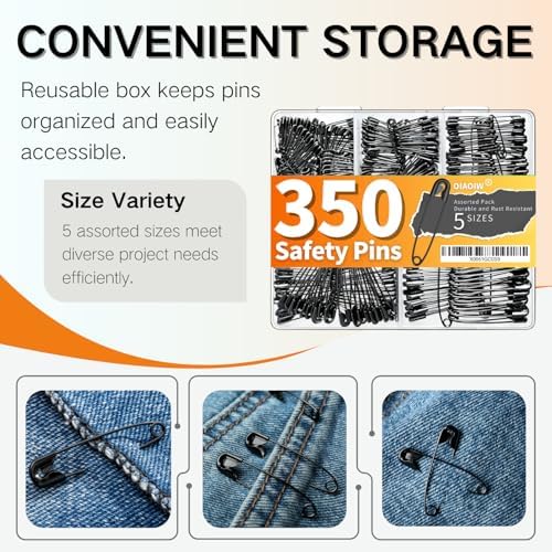 350Pack Black Safety Pins for Clothes 5 Assorted Sizes Strong Heavy Duty
