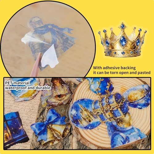 56 PCS Blue Gold Fantasy Magical Celestial Clear Stickers, Dreamy Watercolor Fairytale Aesthetic Scrapbook Stickers for Journaling Planner Laptop Decor