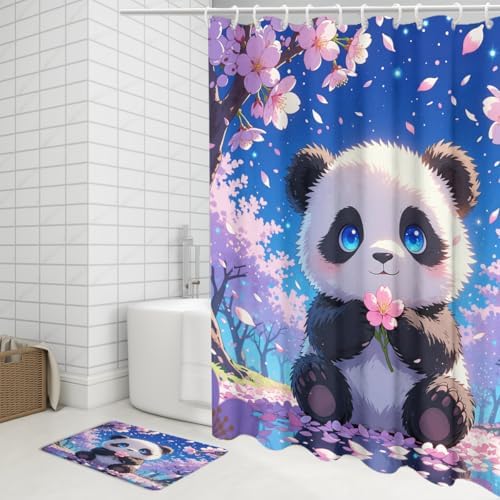 Funny Cute Baby Panda 4 Piece Shower Curtain Sets,Cartoon Anime Kawii Panda Bears Non-Slip Rugs,Toilet Lid Cover and Bath Mat,Japanese Cherry Blossoms Bathroom Decor Set