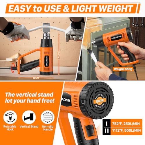 SEEKONE Heat Gun 1800W with 1112℉&752℉ 2 Temperature Settings for Crafting | 2-Speed Airflow 500/250L/min, Ergonomic Handle, Overheat Protection, 4 Nozzles For Vinyl Wrap, Shrink Wrap, Paint Removal