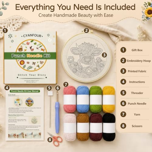 CYANFOUR Punch Needle Kit for Beginners, Highland Cow Punch Needle Kits