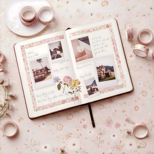 Washi Tape Set, Floral Washi Stickers, 12 Rolls Assorted Sizes, for Junk Journal Scrapbook Tape, Bullet Journaling Scrapbooking Supplies, Planner Sticker DIY Craft DéCor (Pink)