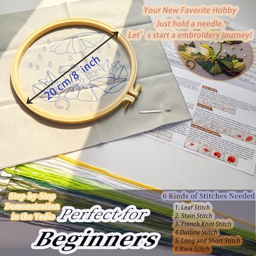 FONNUY Embroidery Kit for Beginners - Frog Under Lotus Leaf DIY Cross Stitch Set, Pre-Printed Fabric with 8’’ Hoop, Cute Rainy Day Art Craft for Adults, Home Decor & Handmade Gift (Green 02)