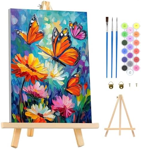 MAXBYE Paint By Numbers Kit for Adults with Frame and Wooden Easel, Colorful Butterfly Acrylic Simple Oil Painting Kits for Beginners, Gift Home Wall Garden Decor Any Festival 10×14 in