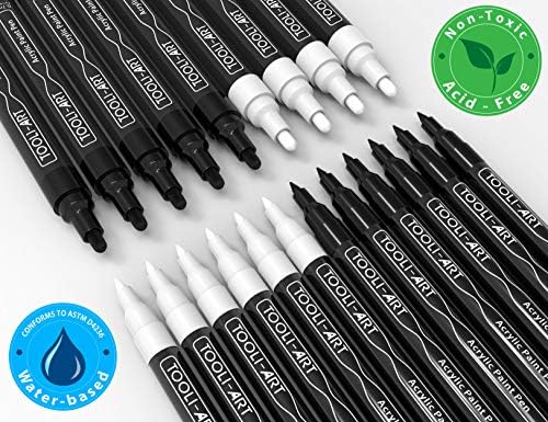 TOOLI-ART Black And White Acrylic Paint Markers Paint Pens Set For Rock Painting, Canvas, Mugs, Metal, Glass Paint, Fabric, Wood, DIY. Non Toxic, Quick Dry,Waterbas (EXTRA FINE & MEDIUM)