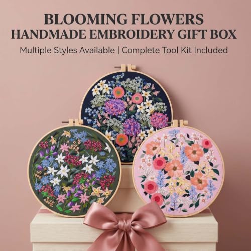 Harimau Beginner Adult Embroidery Kit, All-in-One Starter Pack with 3 Patterns, 3 Hoops, Scissors, Needles, Instruction Manual & Stitching Video Guides