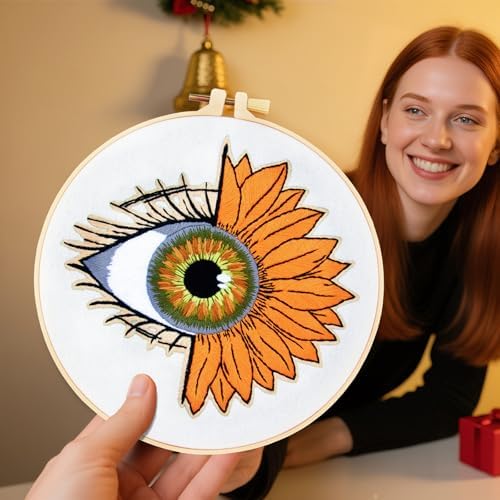 Crafmanoe Sunflower Eyes Embroidery Kits for Beginners Adults, Hand Embroidery Starters Kits, Stamped Cross Stitch Kits Needlepoint Kits for Beginners Adult, Embroidery Hoop, Thread and Video Tutorial