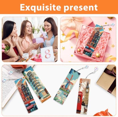 Mandun 4 Pcs National Scenery Diamond Painting Bookmark Kits, Special Shaped Diamond Art Bookmarks with Pendant, DIY National Scenery Diamond Art Bookmarks with Tassels Crafts Gifts Supplies